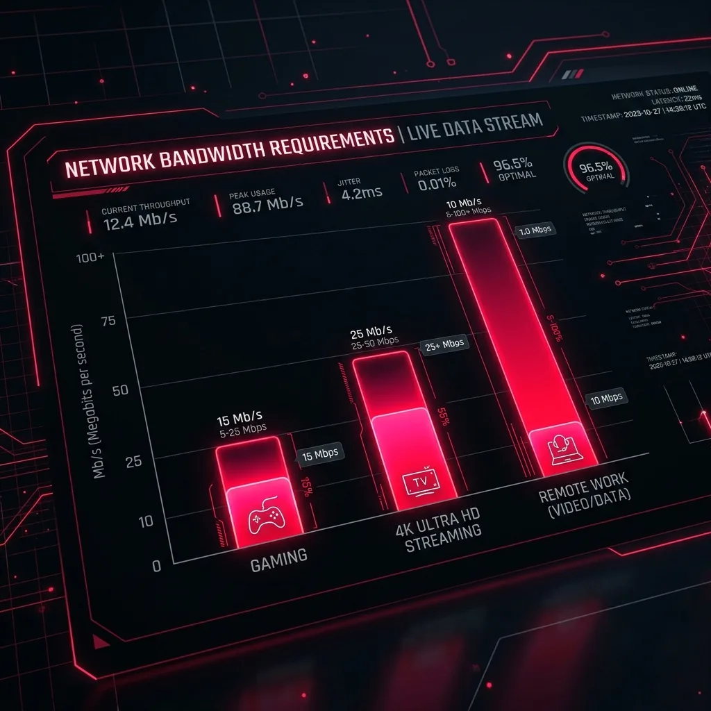 Data dashboard showing bandwidth utilization metrics across remote work, streaming, and gaming