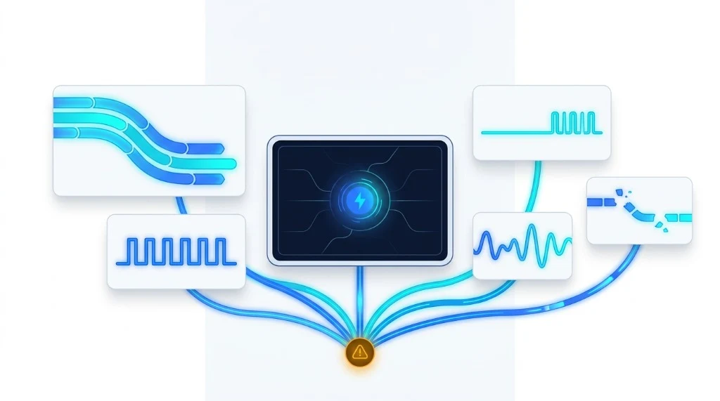 Diagnostic telemetry architecture showing throughput streams, latency pulses, jitter waves, packet loss, and alert thresholds